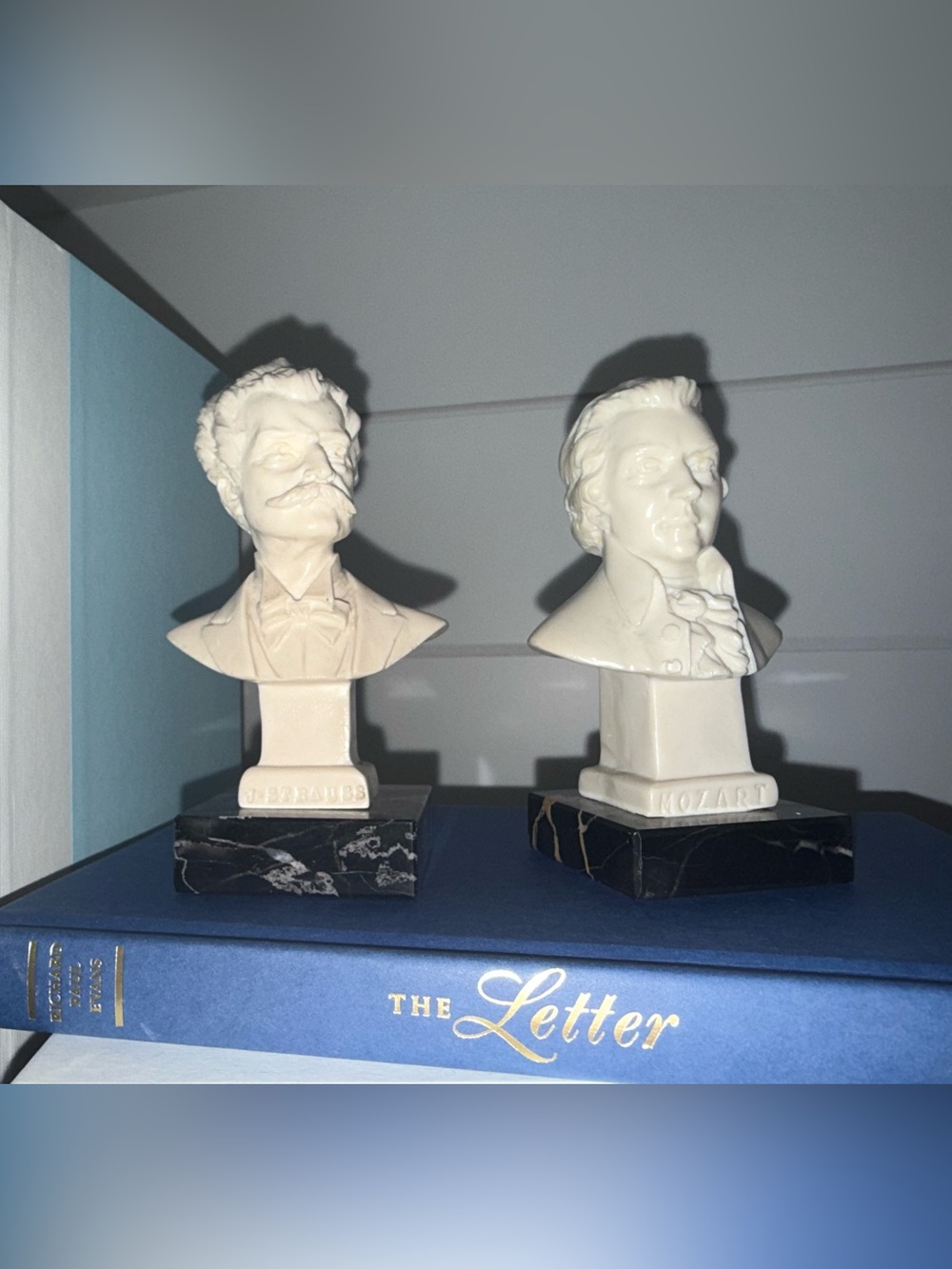 Set of 2 Marble Base Busts Mozart Strauss Vintage Italian Santini Composer Bust